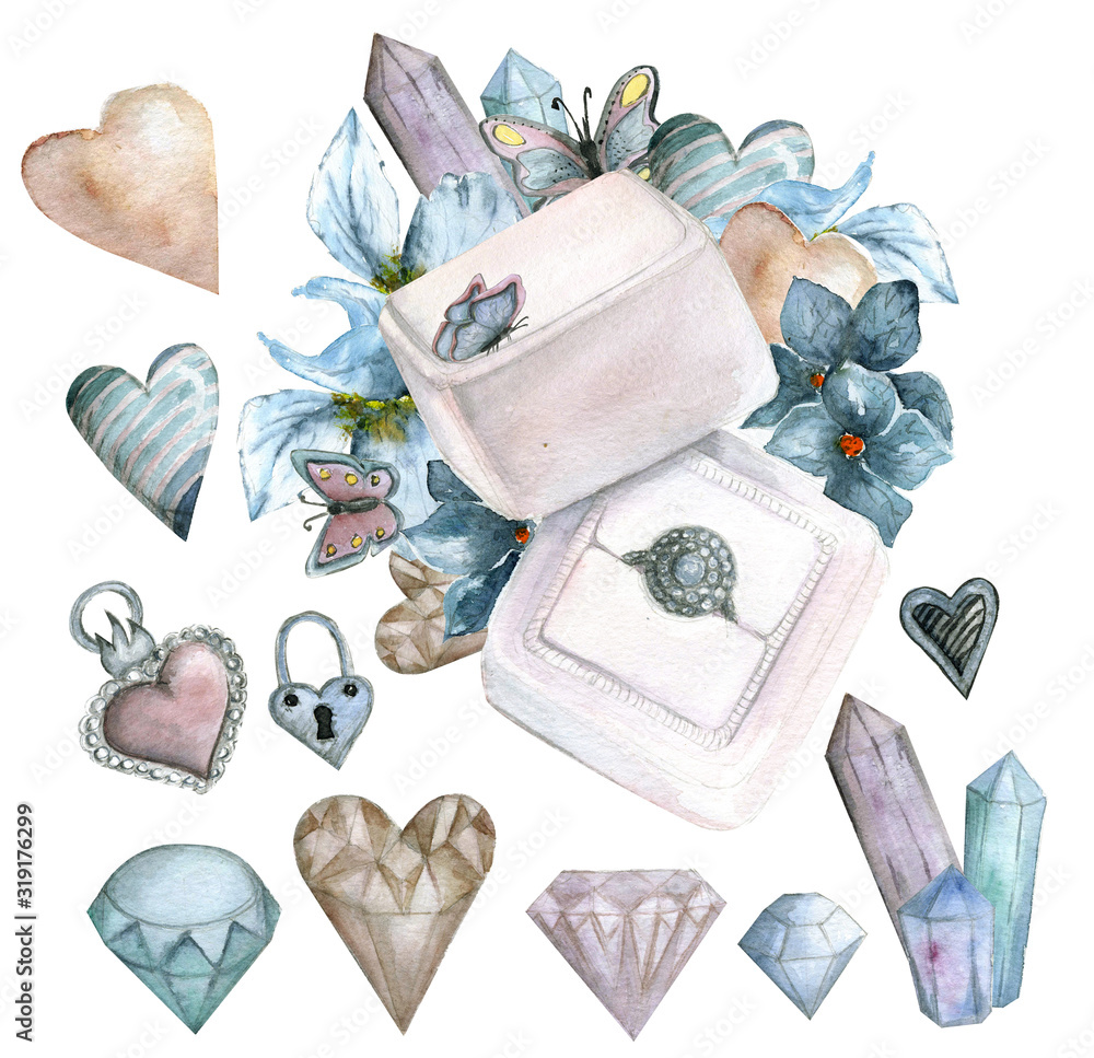 set of watercolor accessories. hearts, ring box with flowers, crystals  Stock Illustration