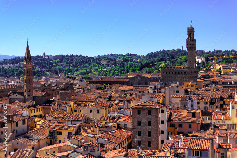 View on city of Florence, Tuscany, Italy and Uffizi gallery from campanile of cathedral of Florence. Popular tourist attraction. Famous place in heart of Europe. Florence most popular italian city