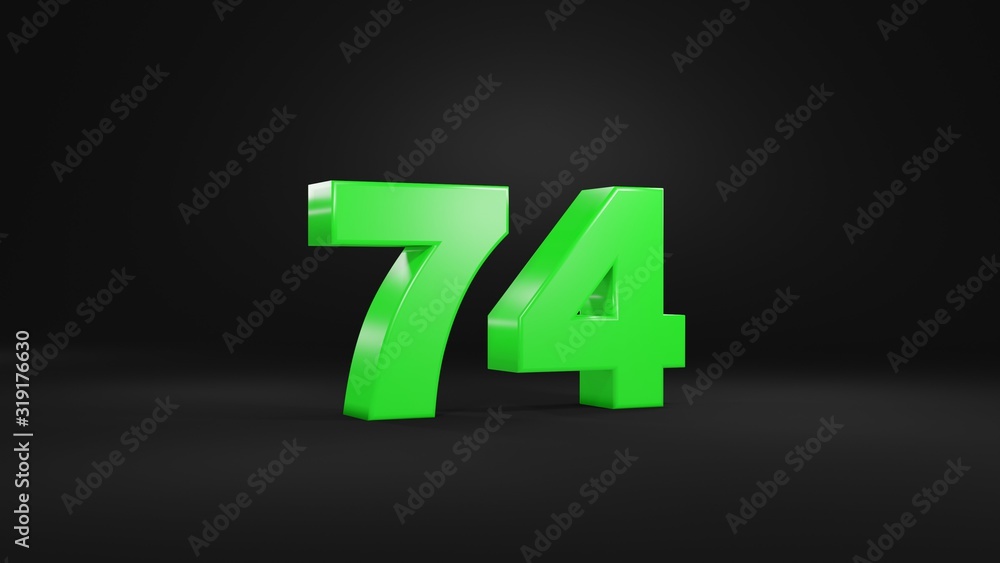 Number 74 in glossy green color on black background, isolated number, 3d render Number 74 in glossy green color on black background, isolated number, 3d render