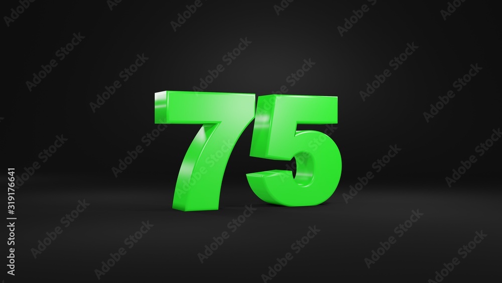 Number 75 in glossy green color on black background, isolated number, 3d render Number 75 in glossy green color on black background, isolated number, 3d render