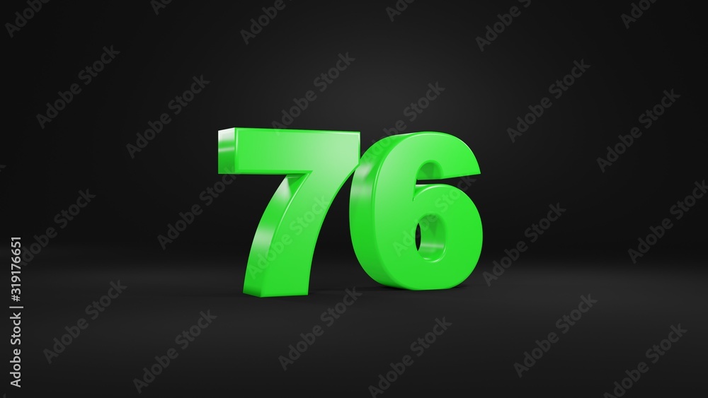 Number 76 in glossy green color on black background, isolated number, 3d render Number 76 in glossy green color on black background, isolated number, 3d render