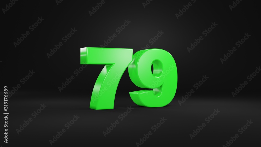 Number 79 in glossy green color on black background, isolated number, 3d render Number 79 in glossy green color on black background, isolated number, 3d render