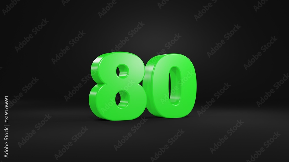 Number 80 in glossy green color on black background, isolated number, 3d render Number 80 in glossy green color on black background, isolated number, 3d render