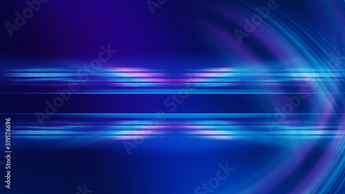 Dark blue abstract background with ultraviolet neon glow, blurry light lines, waves