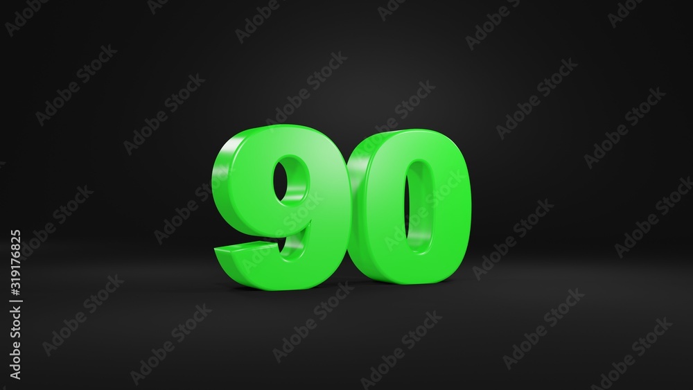 Number 90 in glossy green color on black background, isolated number, 3d render Number 90 in glossy green color on black background, isolated number, 3d render