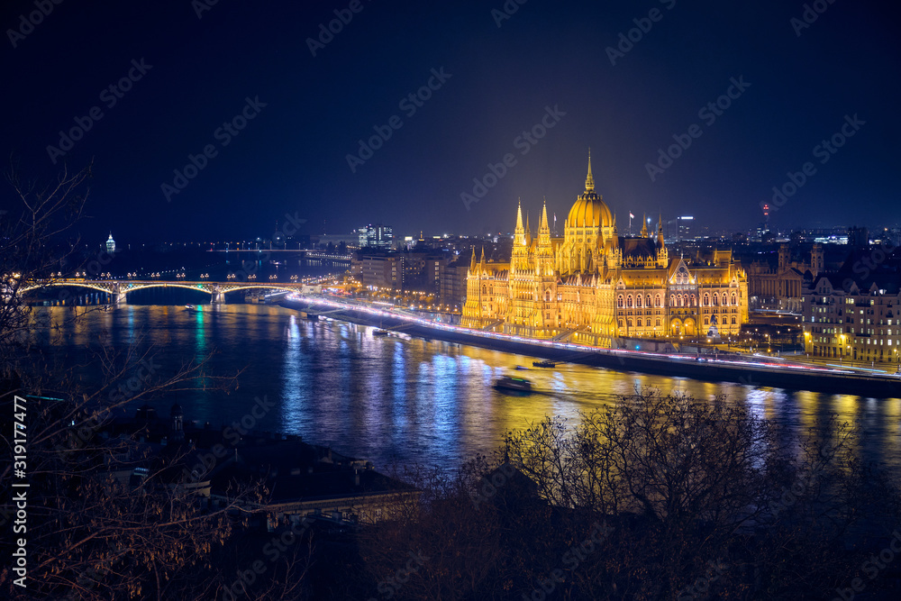 Hungarian Parliament Building in Budapest at night.