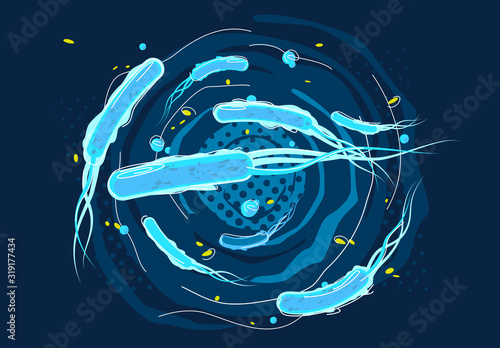Vector illustration of rod-shaped bacteria and viruses, macroworld photo