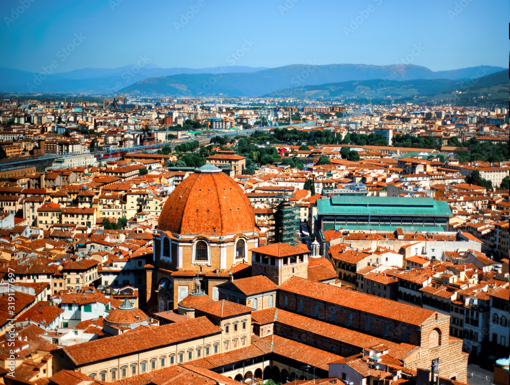 View on city of Florence, Tuscany, Italy and Cattedrale di Santa Maria del Fiore from campanile. Popular tourist attraction. Famous place in heart of Europe. Florence on of most popular italian city
