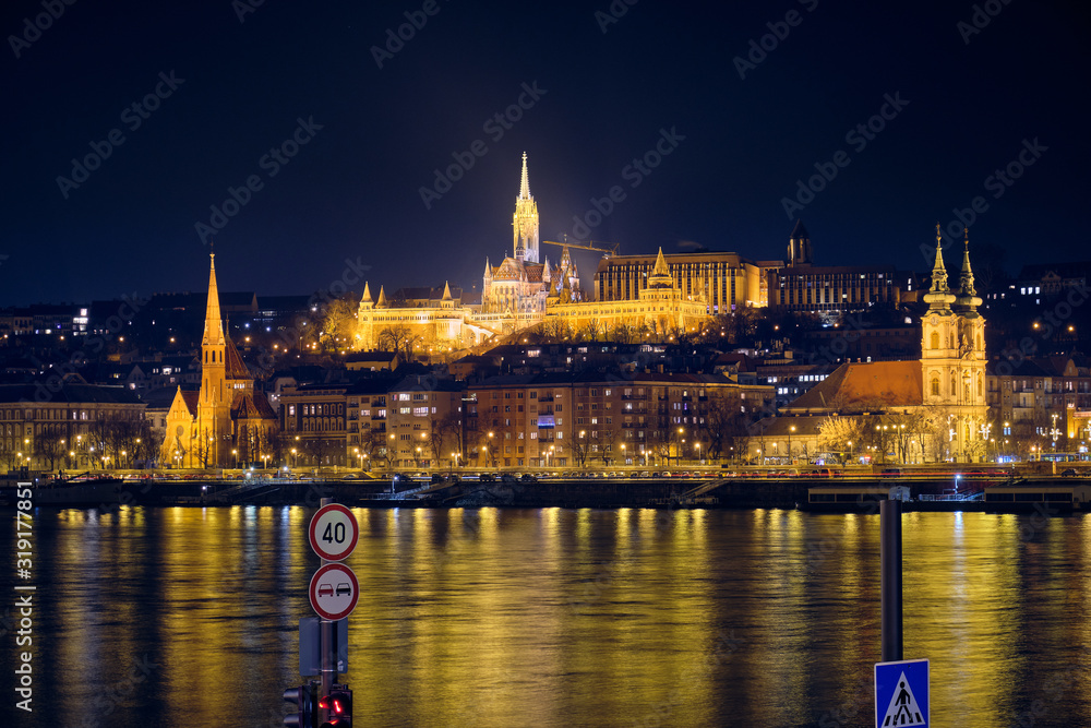 Fisherman's Bastion in Budapest at night.