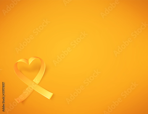 Background with realistic gold ribbon heart shaped. World childhood cancer symbol 15th of february, vector illustration. Template for poster for cancer awareness month.