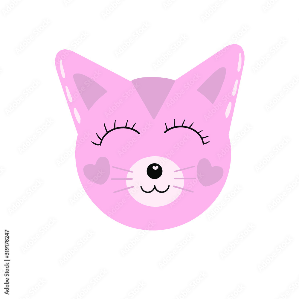 Fototapeta premium Cute pink vector cat with hearts on cheeks. Cartoon illustration of happy cat face