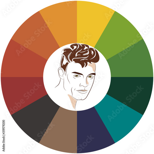 Stock vector color guide. Seasonal color analysis palette for autumn type of male appearance. Face of young man.