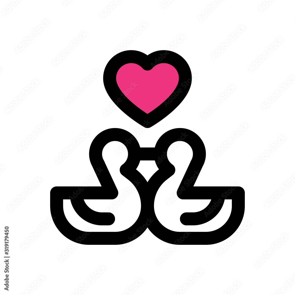 love and wedding related ducks kiss with hearts vector with editable stroke,