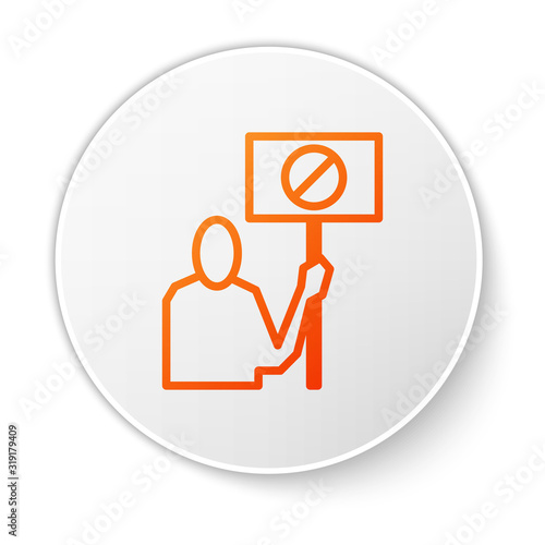 Orange line Nature saving protest icon isolated on white background. Earth planet protection, environmental issues demonstration. White circle button. Vector Illustration