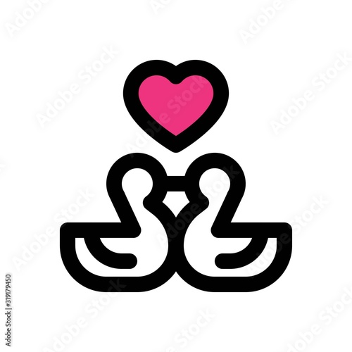 love and wedding related ducks kiss with hearts vector with editable stroke,