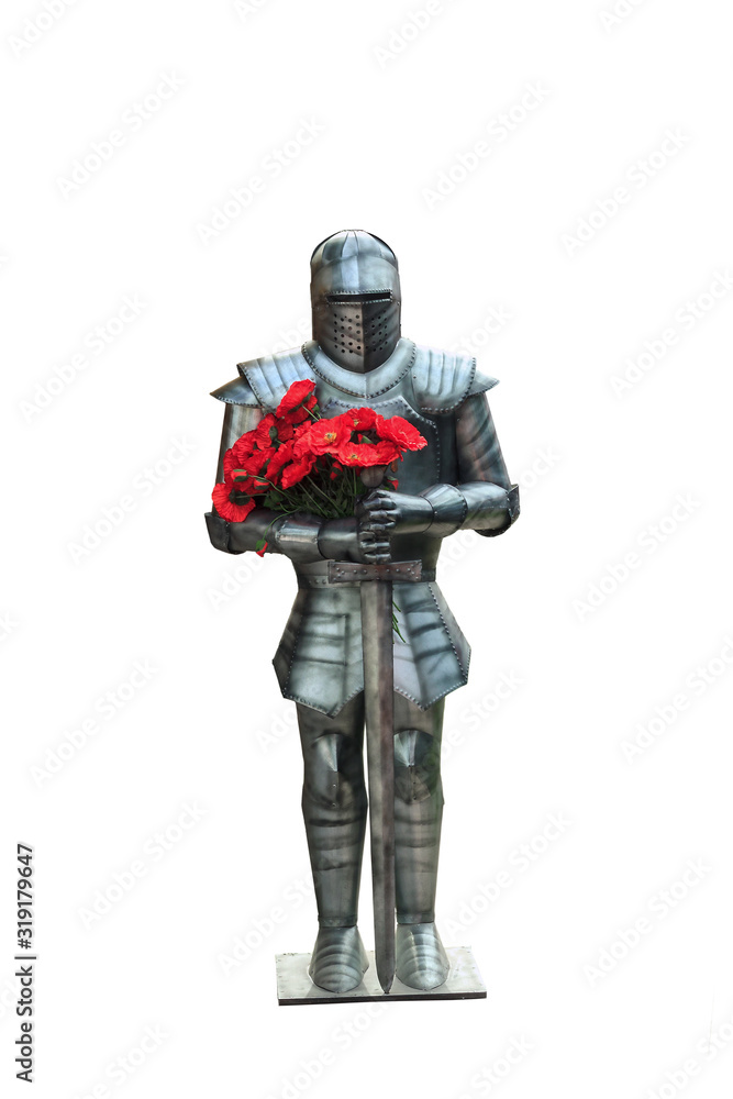 Naklejka premium Knight in heavy metal armor with poppy flowers isolated on white background