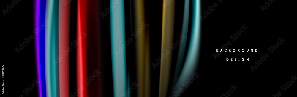 Silk and smooth flow wave poster design. Color waves, liquid style lines and shapes in black color background Silk and smooth flow wave poster design. Color waves, liquid style lines and shapes in black color background