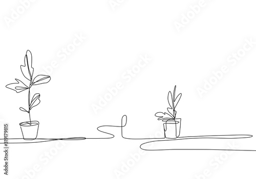 One line home plants silhouette. Botanical Continuous line background.