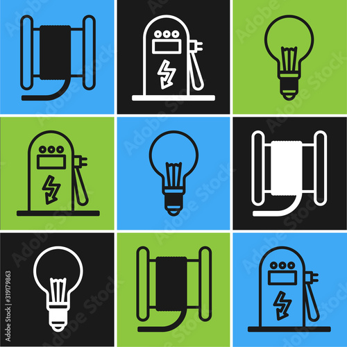 Set line Wire electric cable on a reel or drum, Light bulb with concept of idea and Electric car charging station icon. Vector