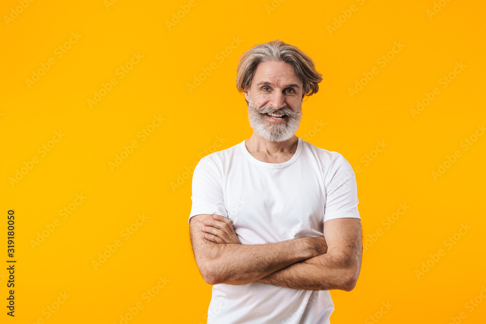 Positive elderly grey-haired bearded man - obrazy, fototapety, plakaty 