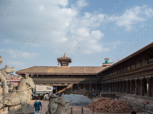 Temples under renovation after the 2015 earthquake in Durbar square, Bhaktapur, Nepal