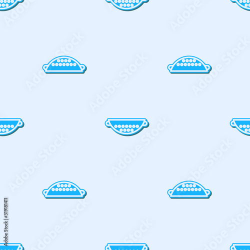 Blue line Kitchen colander icon isolated seamless pattern on grey background. Cooking utensil. Cutlery sign. Vector Illustration