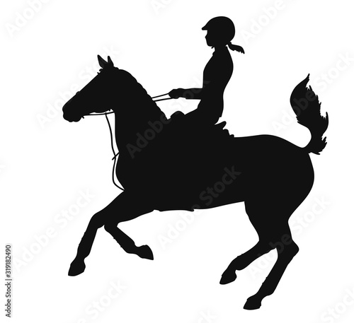 Silhouette of a young girl participates in competitions on a riding pony