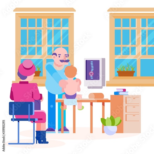 Doctor pediatrician osteopath and little child vector illustration. Boy with mother visiting doctors office. Room interior, massage table, computer with spine image on screen. Medicine and healthcare.