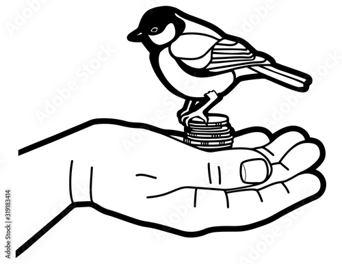 Bird tit and money in the hand of a man. Catch luck. Line graphics. Vector illustration