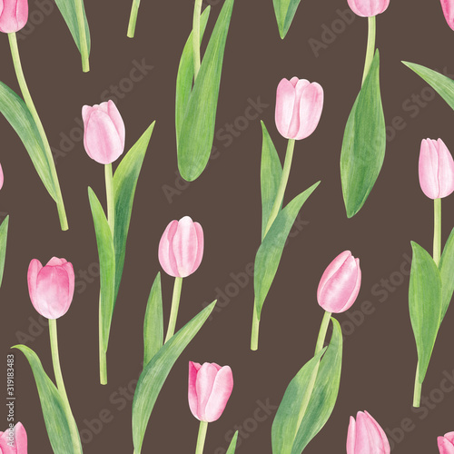 Watercolor Pink Tulips with Green Leaves Seamless Pattern. Flowers on Dark Brown Background. For Cards  Textile  International Women s Day  8th March  Mother s Day  Spring and Summer Theme.