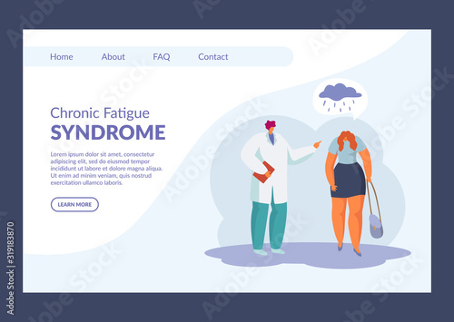 Chronic fatigue, depression syndrome, doctor help vector illustration website internet page banner. Woman girl tired, sleepy, exhausted, sad and unhappy. Medical healthcare, psychological assistance.