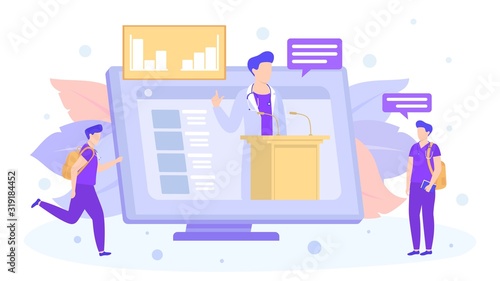 Online learning doctors medical interns with teacher lecturer from computer vector illustration. Tiny people students education in front of giant screen. Banner isolated concept.