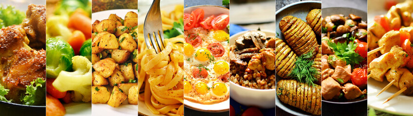 Varied food. Assortment of dishes from vegetables, meat and pasta. Delicious food made from chicken meat and vegetables.