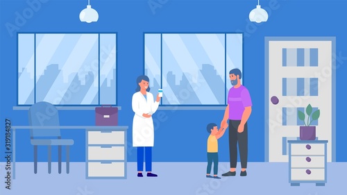 Father and kid son boy at pharmacy woman doctors childrens doctor podiatrist office vector illustration. Medical consultation and pills. Pharmaceutica healthcare pharmacist center specialist