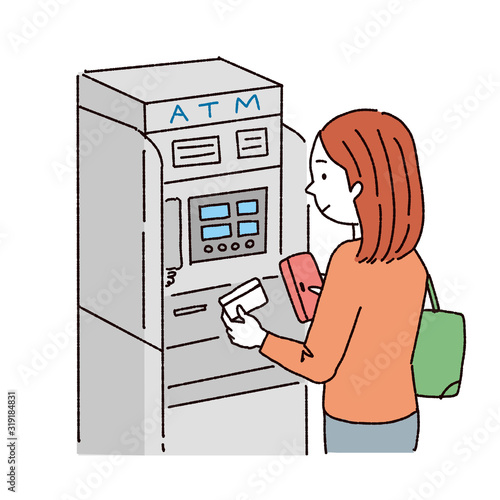ATMを使う女性　イラスト　キャッシュカード　クレジットカード
