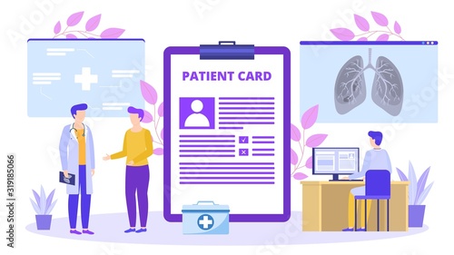 Patient with medical card talk with doctor about lungs x-ray vector illustration banner. Healthcare and people disease treatment. Clinic or hospital, computer desk, first aid kit.