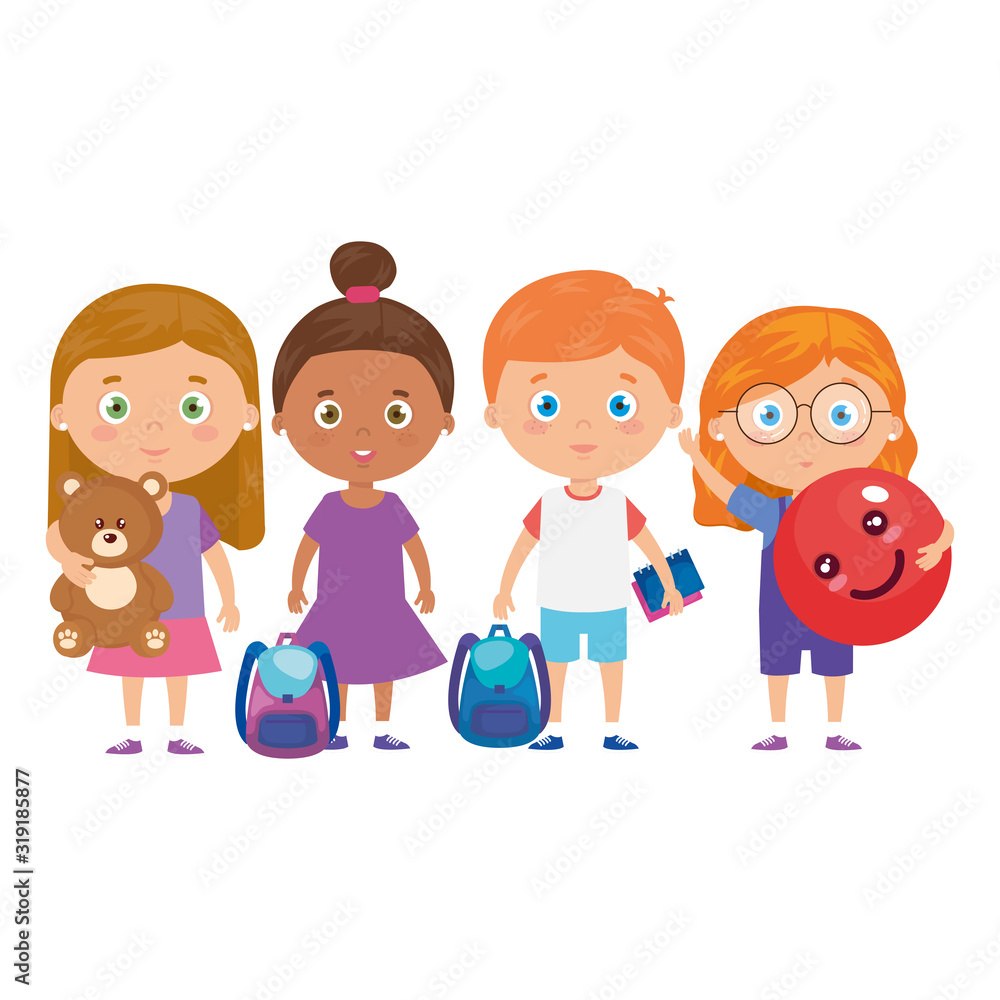 group of little children with school bag and toys vector illustration design group of little children with school bag and toys vector illustration design
