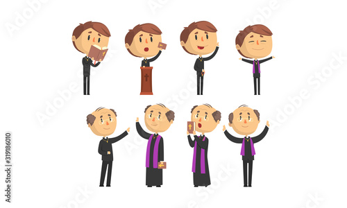 Man Priests Characters Collection, Young and Mature Catholic Preachers Blessing, Praying, Giving Speech Vector Illustration