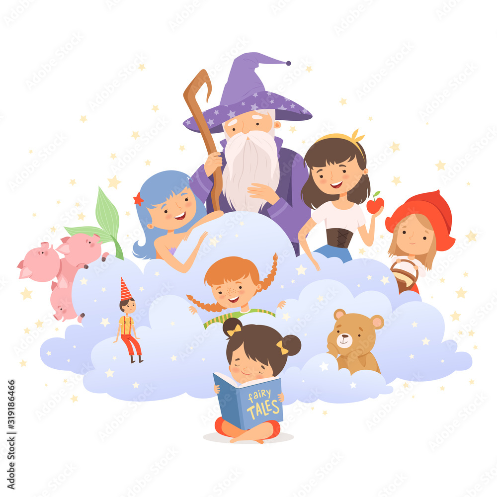 Naklejka premium Little Girl Holding Opened Book Reading Fairy Tale with Fairy-tale Characters Sitting Behind Her Vector Illustration