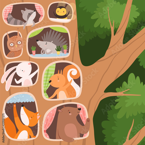 Funny Animals Inside the Tree Hollow Arranging Their Cozy Homes Vector Illustration