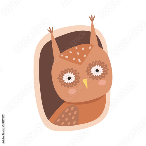 Funny Owl Peeped Out From Tree Hollow Vector Illustration