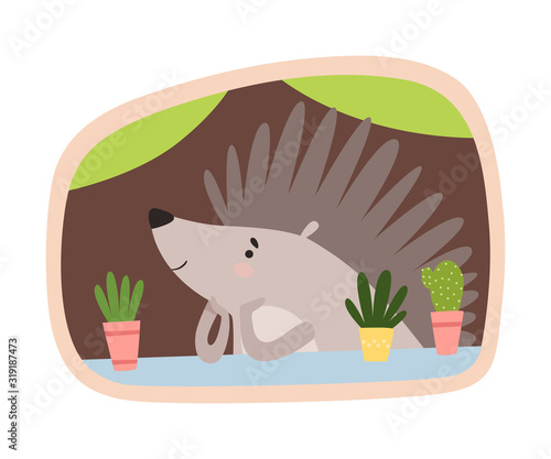 Funny Hedgehog Peeped Out From Tree Hollow Vector Illustration
