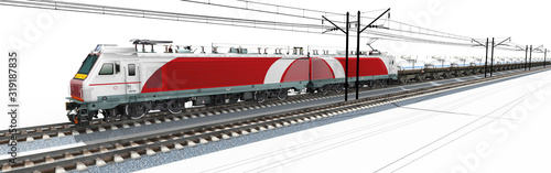 3d Elektro Lokomotive mit Tankwagen auf der Schiene, freigestellt