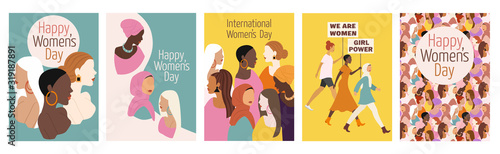 Collection of spring cards. International Women's Day. Vector illustration with women of different nationalities and cultures. The struggle for freedom, independence, equality. 