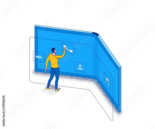 Foldable phone isometric concept with people using flexible smartphone, cartoon characters with futuristic gadgets, blue and yellow composition, 3d vector illustration