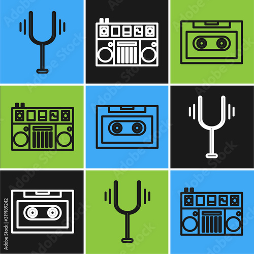 Set line Musical tuning fork, Retro audio cassette tape and DJ remote for playing and mixing music icon. Vector