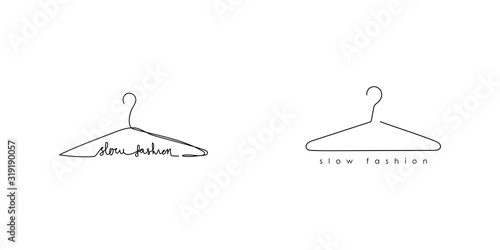 Set of continuous one line hanger and minimalistic line hanger with inscription slow fashion. Design for posters, T-shirts, banners. Vector illustration. photo
