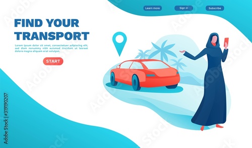 Mobile transport app design, arab girl in abaya hold smartphone, automobile share, businesswoman order ride, rental service template, muslim people, transport sharing concept, vector cartoon character