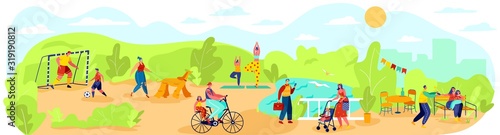 Happy people spend time with family outdoor in park, healthy lifestyle vector illustration. Summer weekend in nature, parents and children together, outdoor leisure activity for family in city park