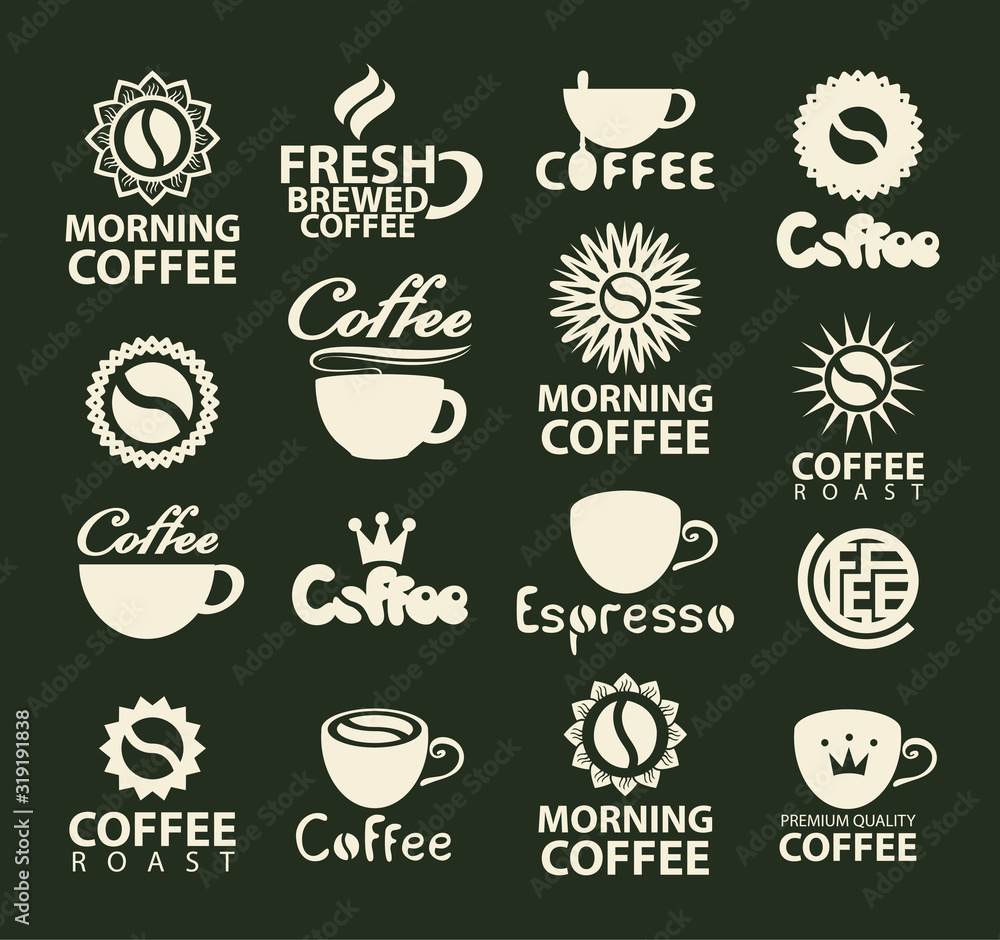 Set of vector coffee logos or icons with coffee cup, coffee beans and inscriptions. Templates for labels, badges, flyers, banners, invitations, brochures, menus, design elements.